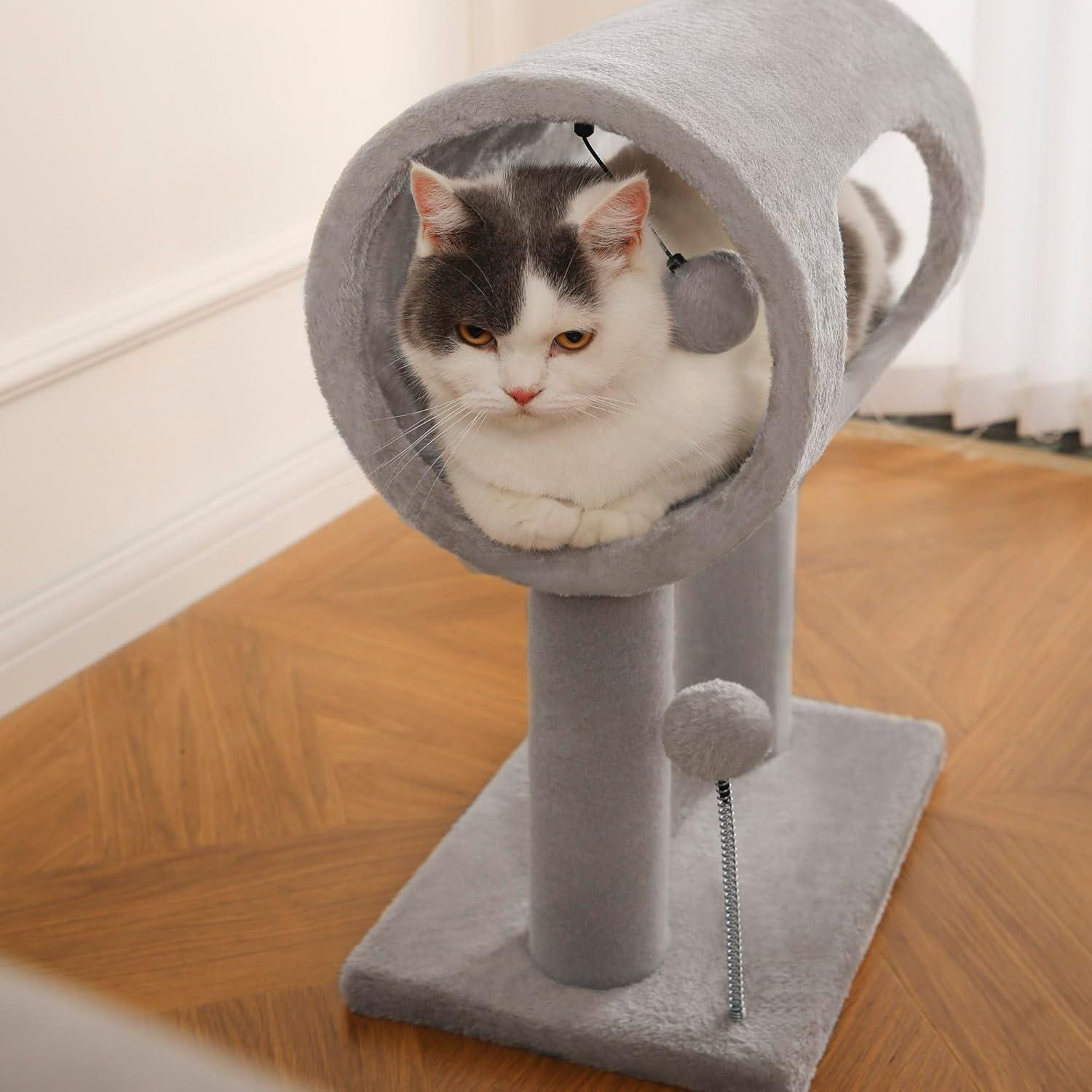 Gray Indoor Cat Tree with Hanging Ball & Tunnel Bed
