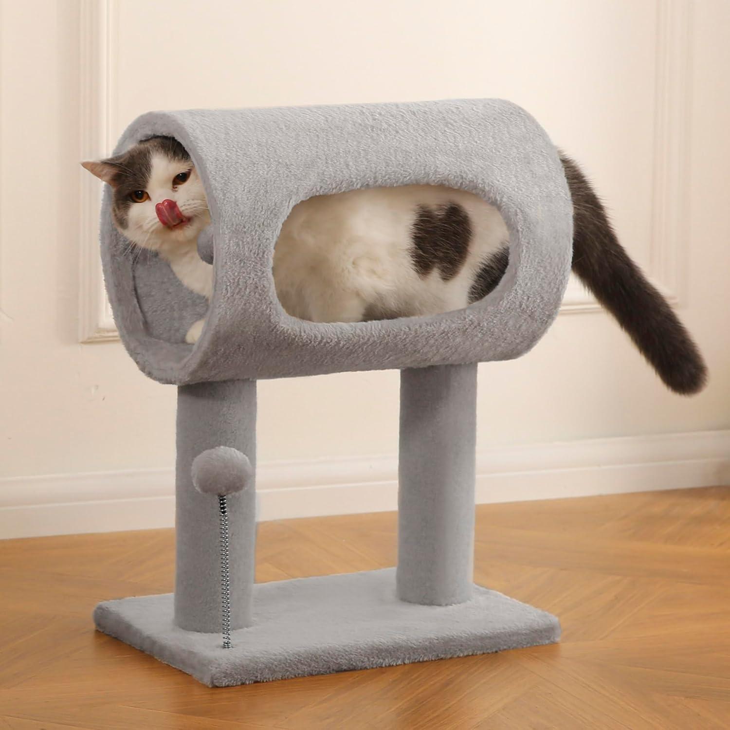 Gray Indoor Cat Tree with Hanging Ball & Tunnel Bed