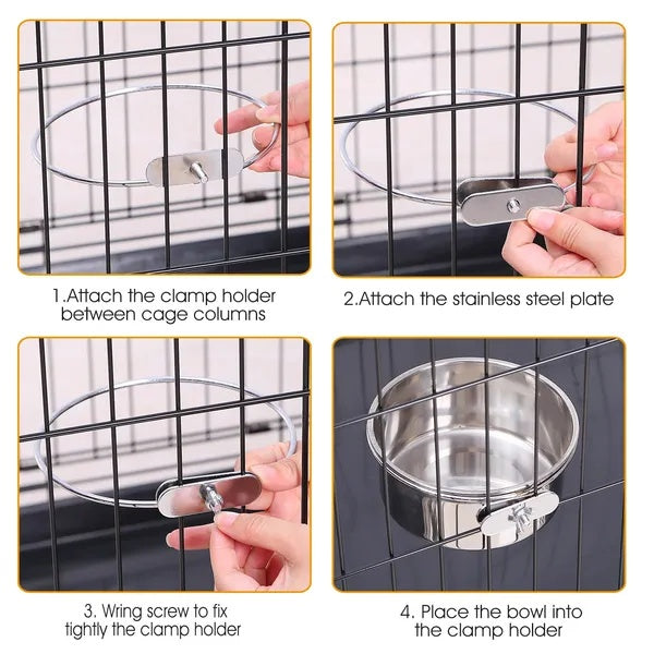 Detachable Pet Cage Bowl – Stainless Steel Food & Water Bowl With Clamp Holder