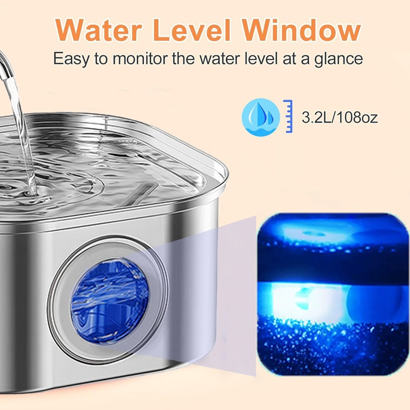 Stainless Steel Cat Water Fountain – 108oz/3.2L with Quadruple Filtration