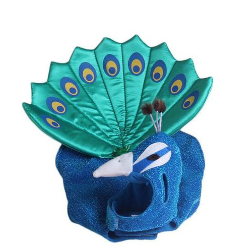 Peacock-themed headband with blue glittery base and green feathers on a white background