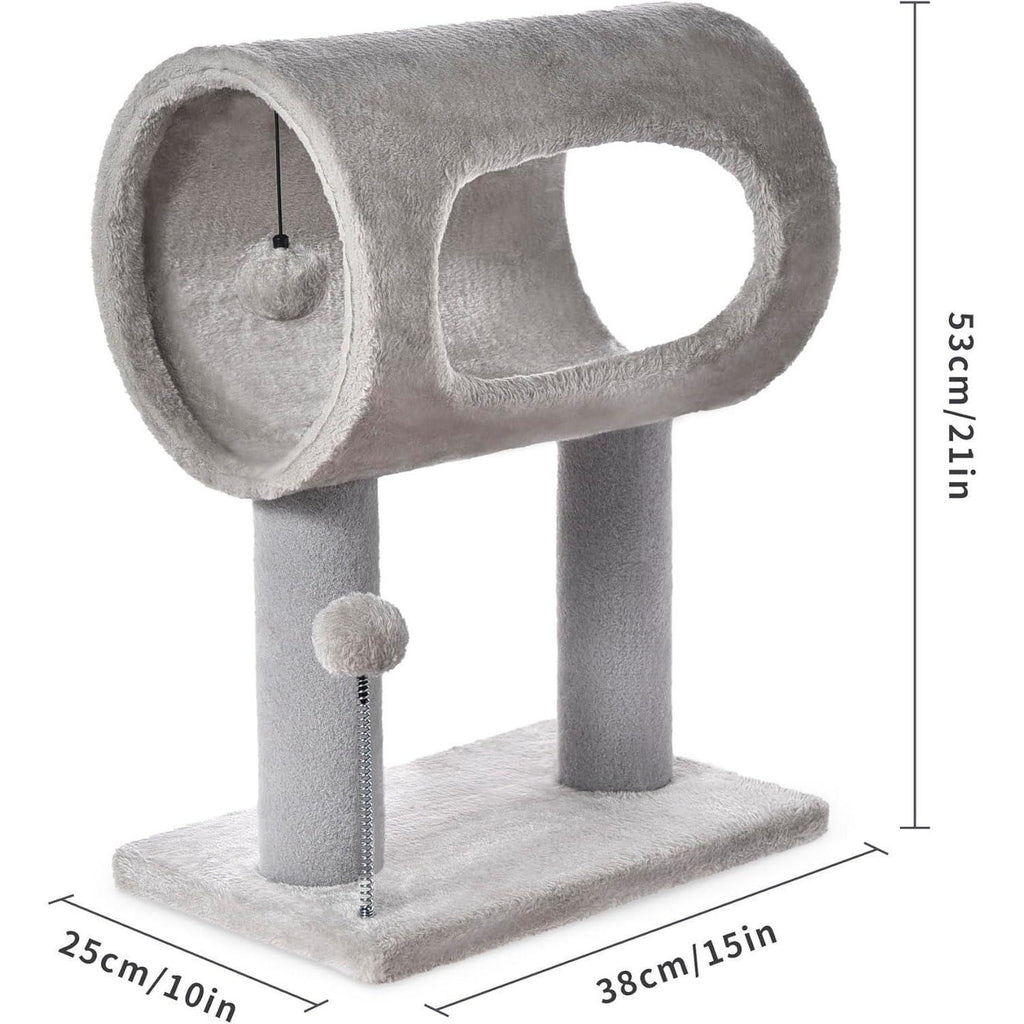 Gray Indoor Cat Tree with Hanging Ball & Tunnel Bed