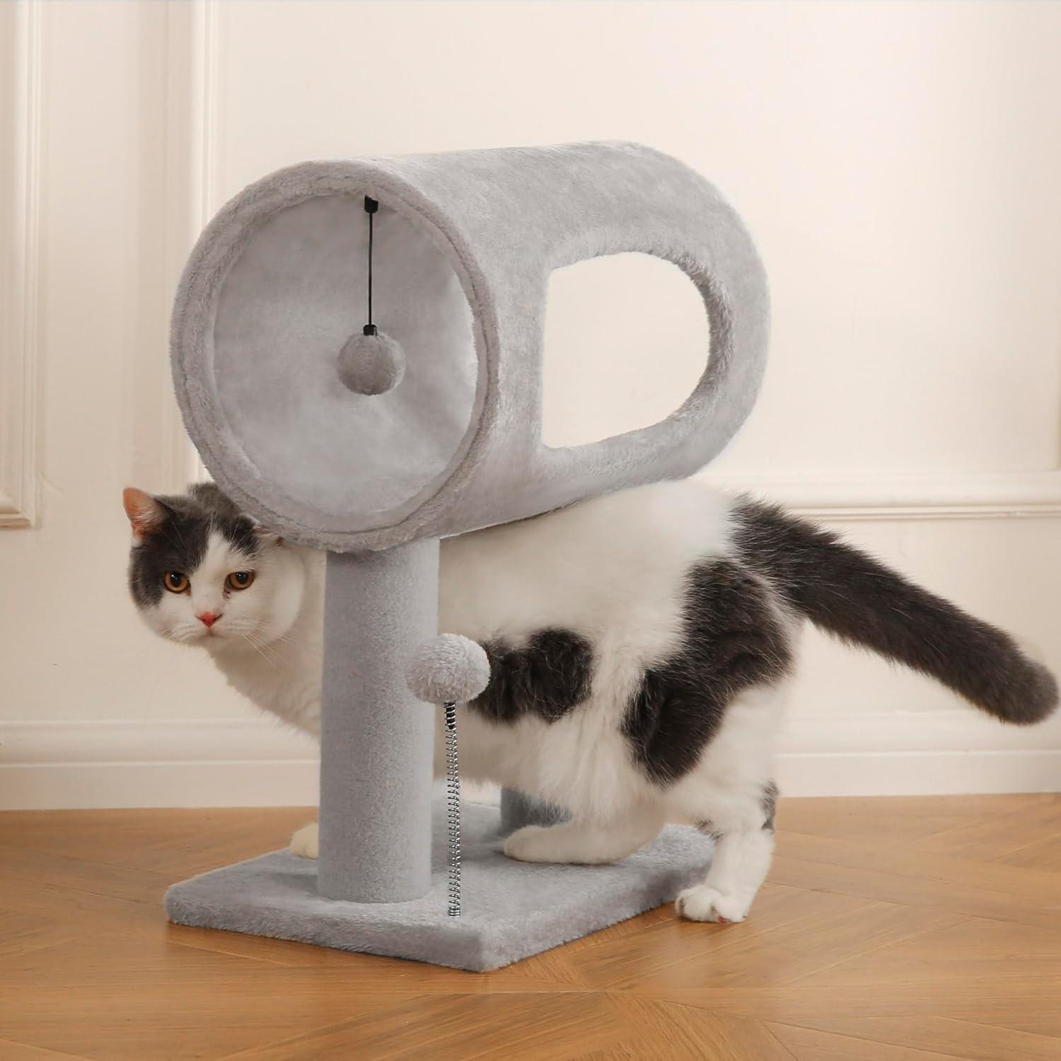 Gray Indoor Cat Tree with Hanging Ball & Tunnel Bed