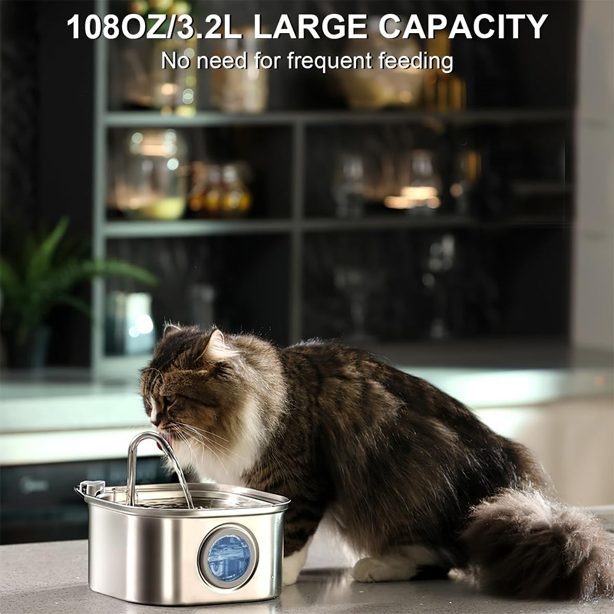 Stainless Steel Cat Water Fountain – 108oz/3.2L with Quadruple Filtration
