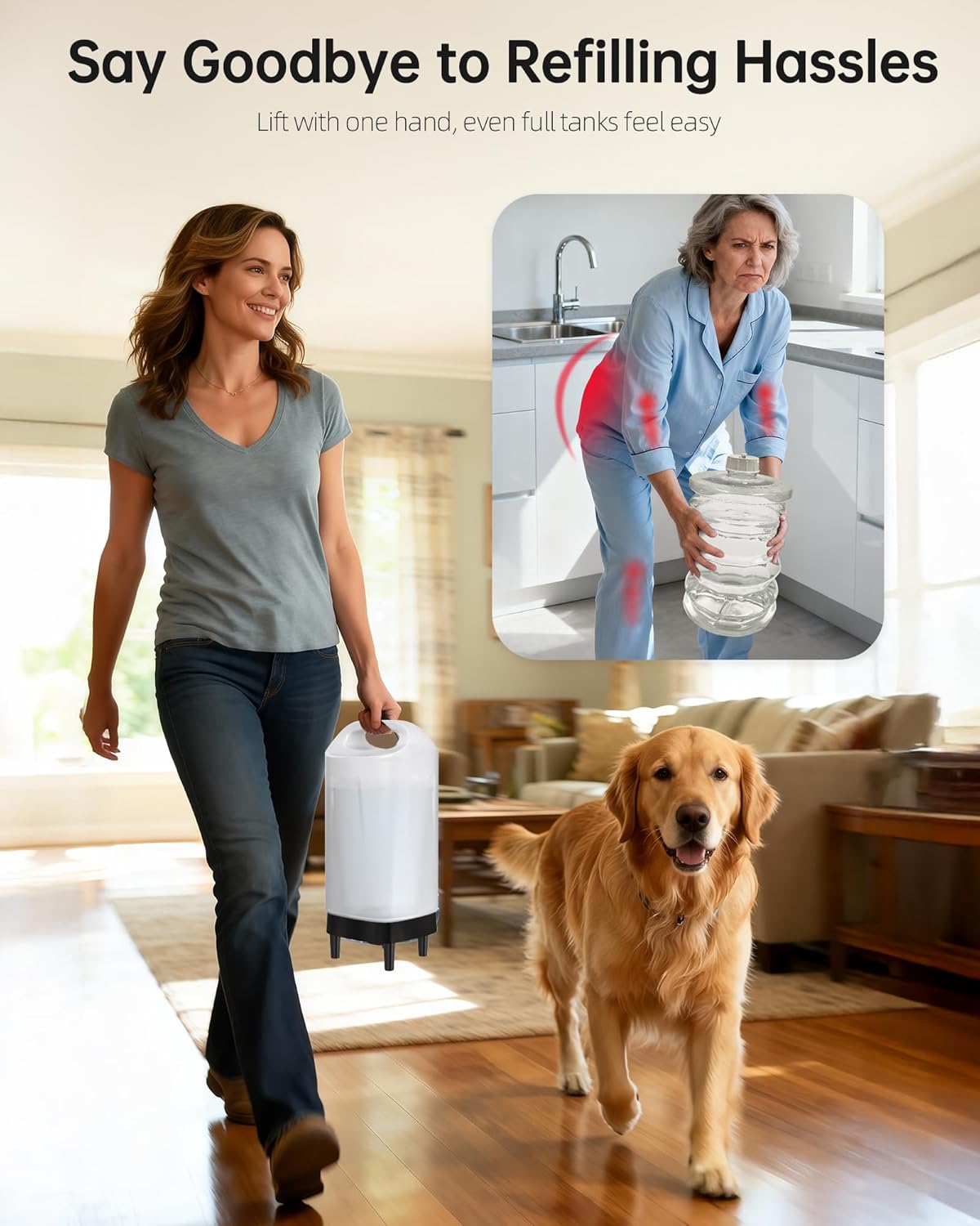 Woman walking with a large container, dog running beside her, and inset showing strain from carrying a jar.