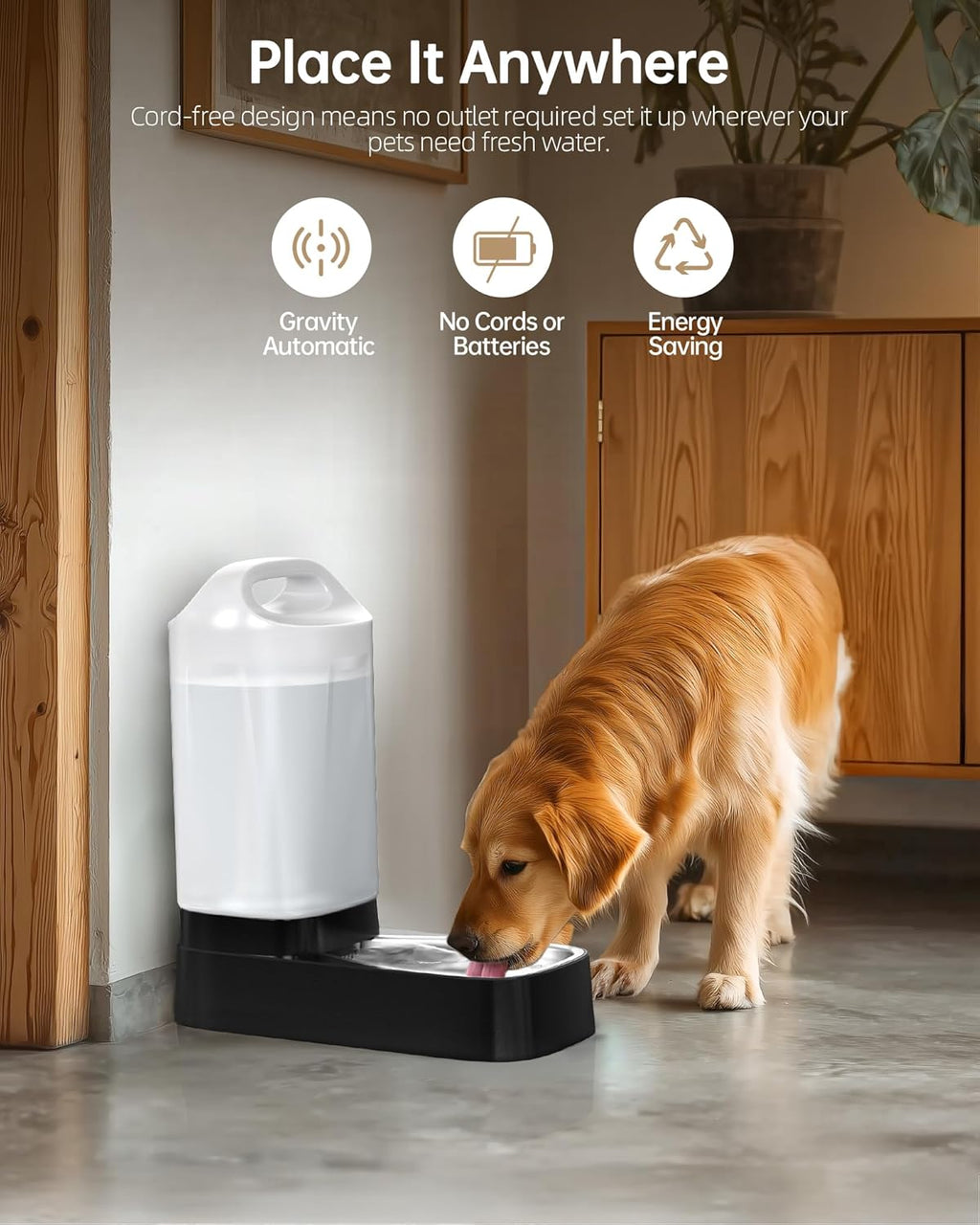 Dog drinking water from a pet fountain in a home setting with text highlighting features.