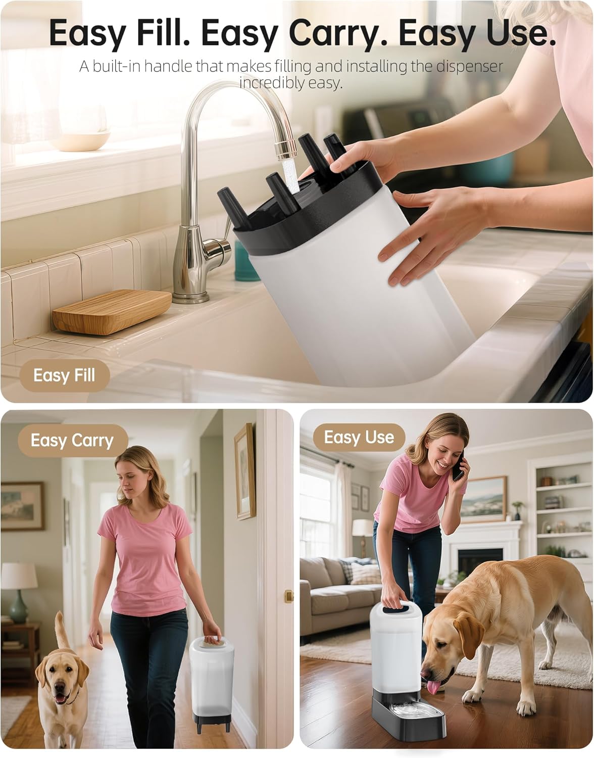 Collage of a person using a portable water dispenser in a kitchen and at home with a dog.
