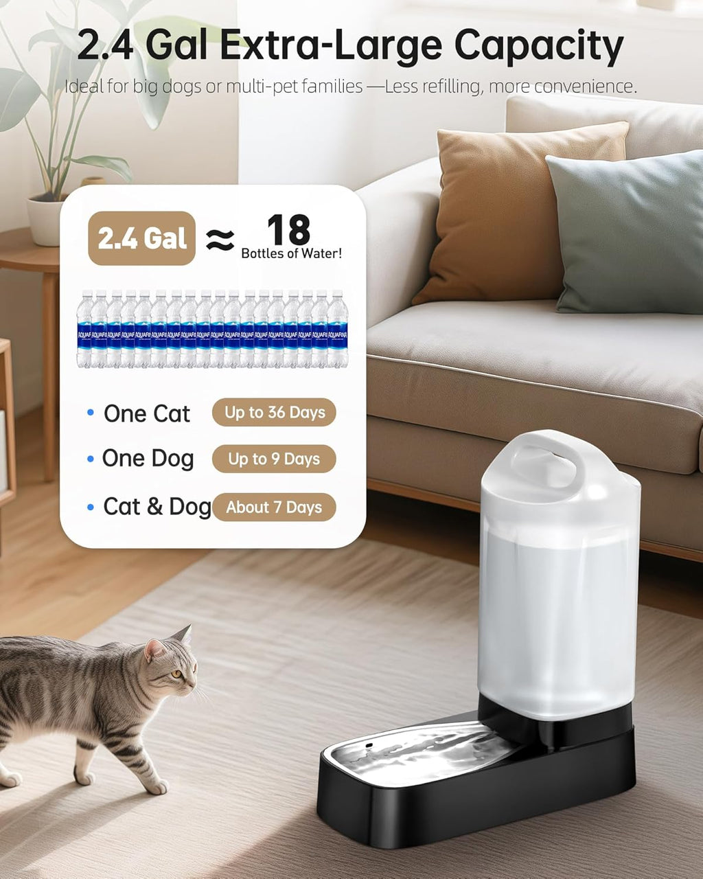 Pet water dispenser with capacity details in a living room setting