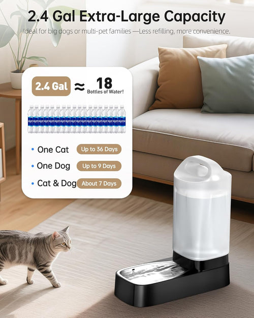 Pet water dispenser with capacity details in a living room setting
