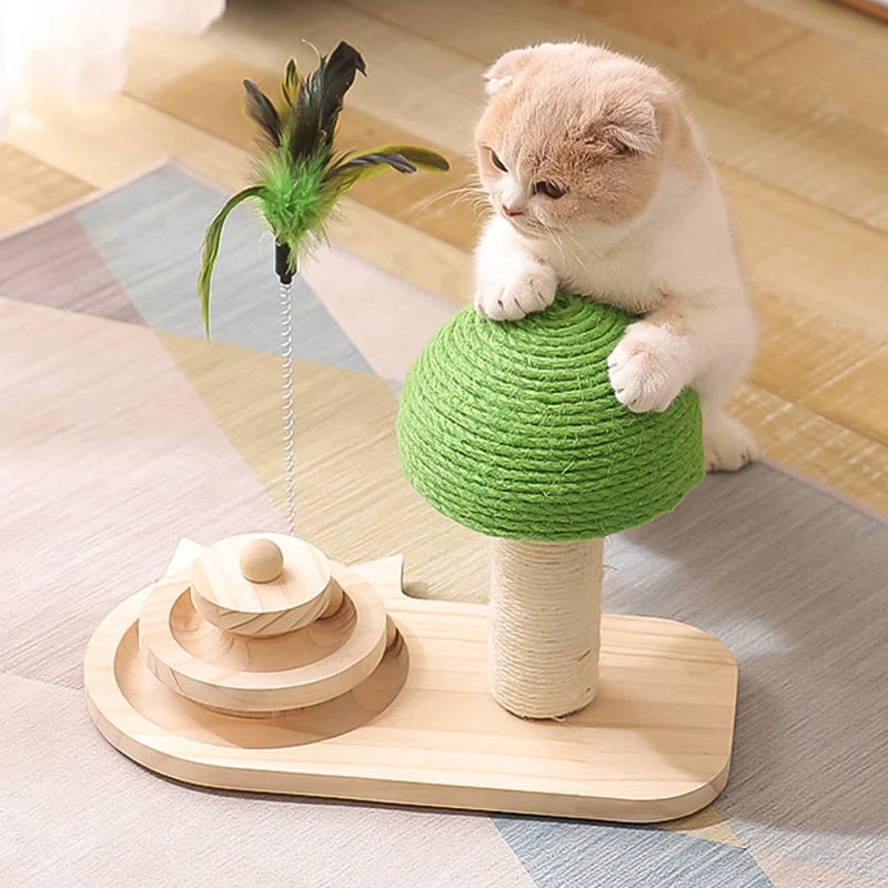 Cat Tree Scratching Post with Feather Wand and Rolling Balls