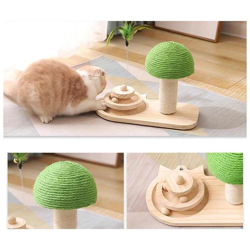Cat Tree Scratching Post with Feather Wand and Rolling Balls