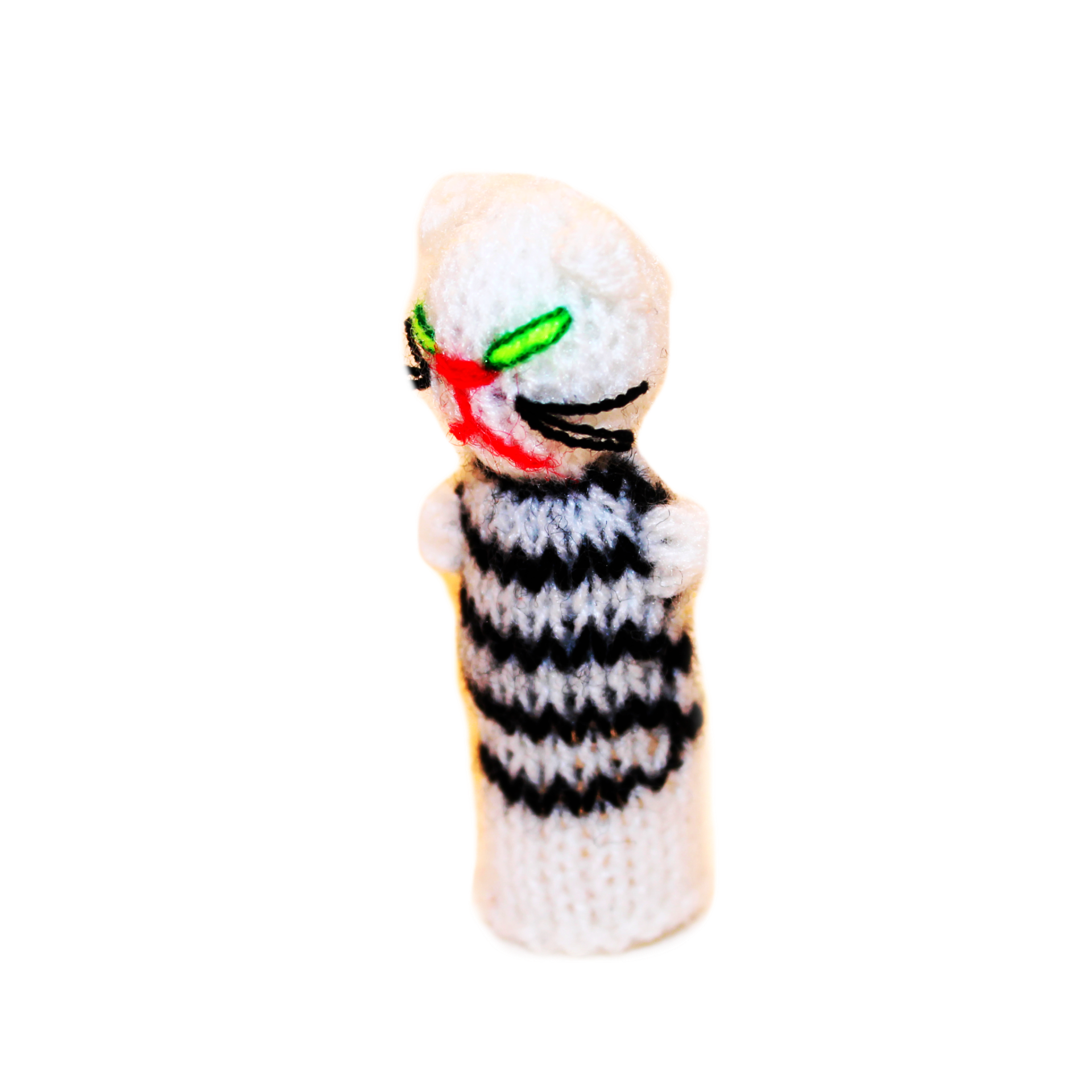 Handmade Cat Finger Puppet – Black & White Knit Cat Toy
