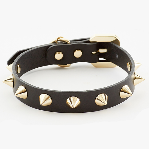 Golden Spike Black Leather Dog Collar - Handmade Vegetable-Tanned