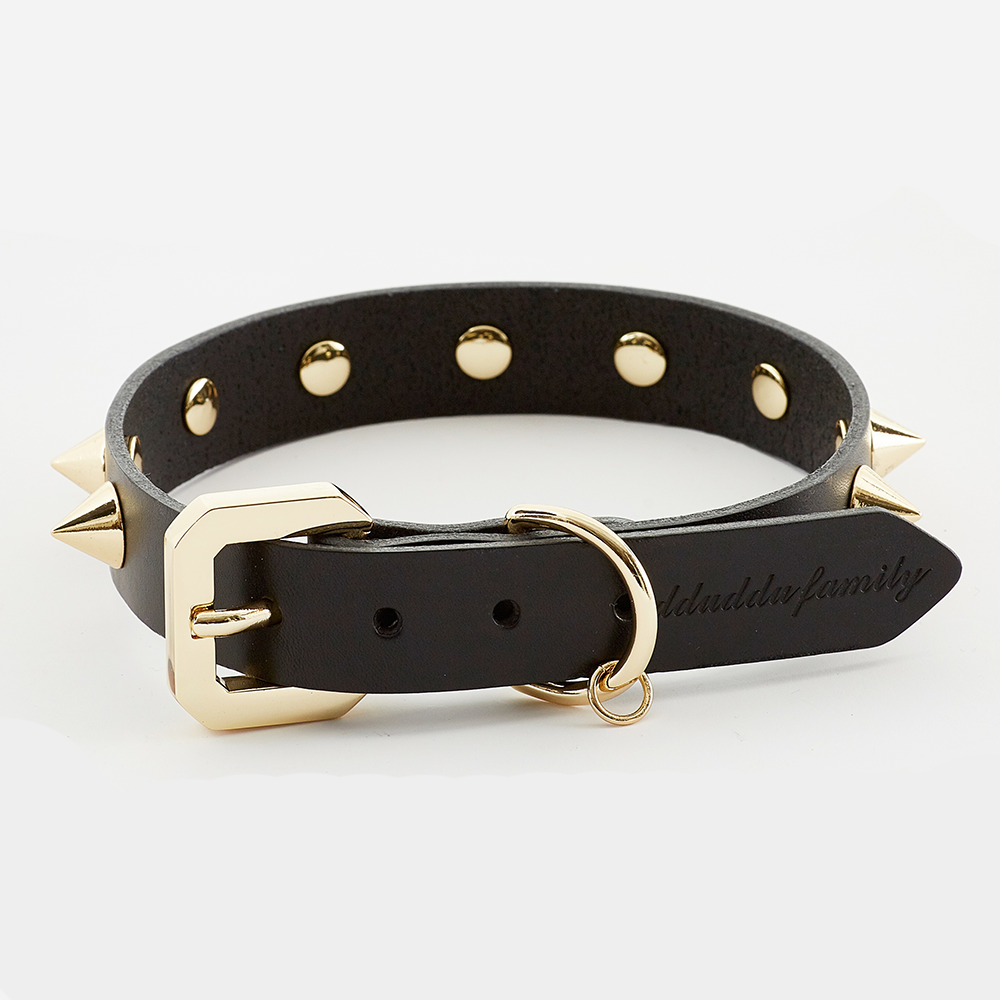 Golden Spike Black Leather Dog Collar - Handmade Vegetable-Tanned