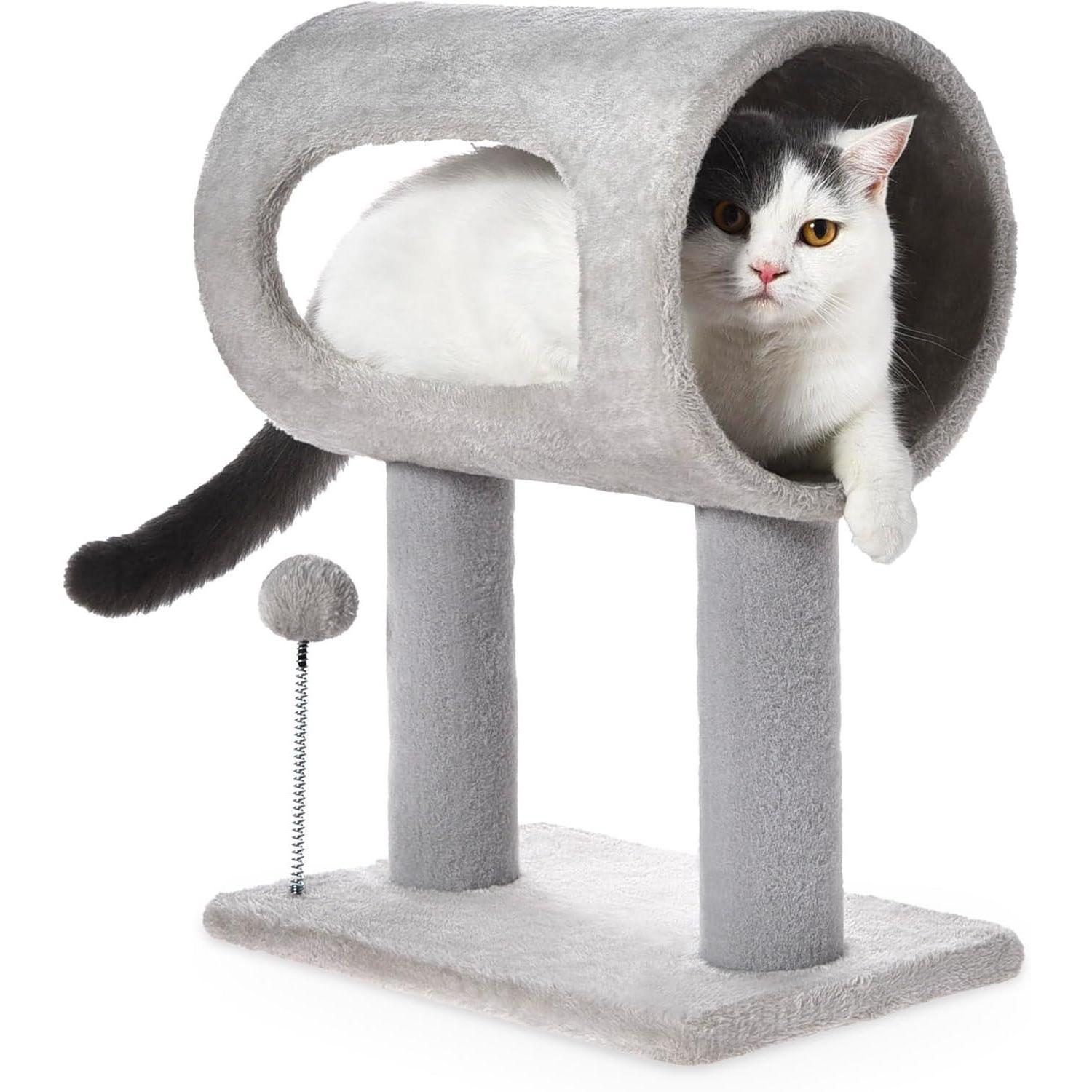 Gray Indoor Cat Tree with Hanging Ball & Tunnel Bed