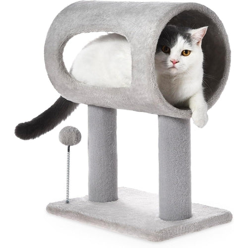 Gray Indoor Cat Tree with Hanging Ball & Tunnel Bed