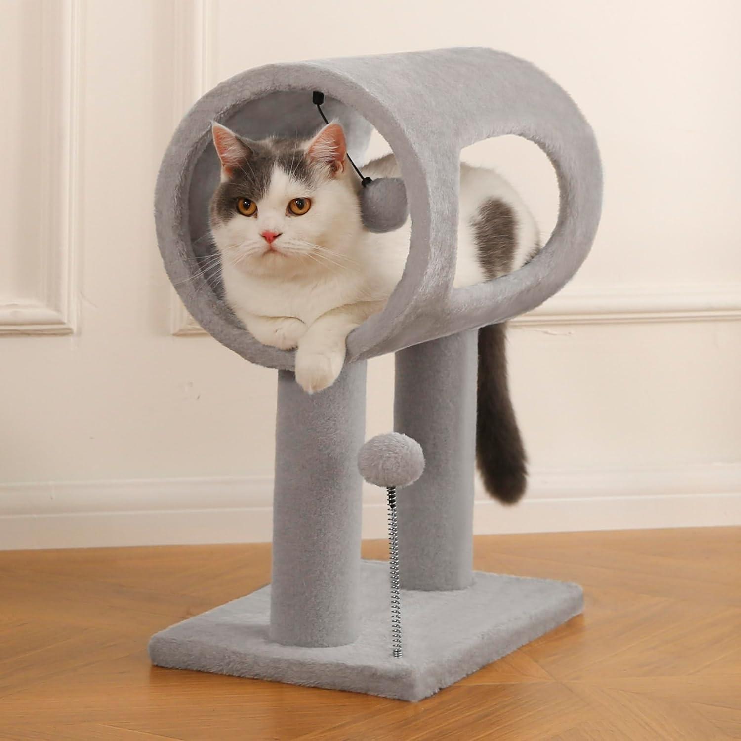 Gray Indoor Cat Tree with Hanging Ball & Tunnel Bed