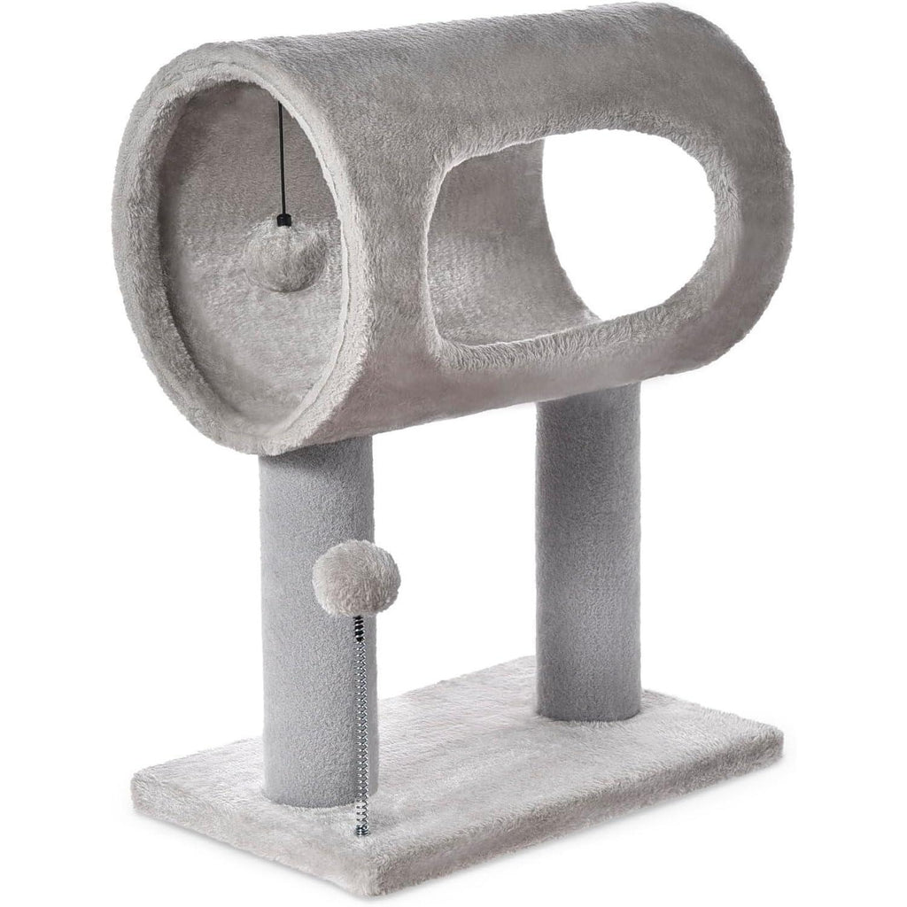 Gray Indoor Cat Tree with Hanging Ball & Tunnel Bed