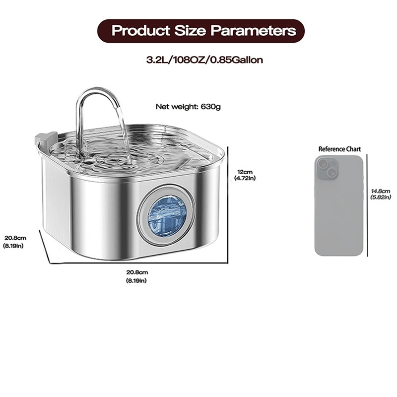 Stainless Steel Cat Water Fountain – 108oz/3.2L with Quadruple Filtration