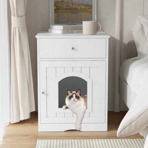 Wooden Cat Litter Box Enclosure with Drawer - Hidden Pet House Side Table