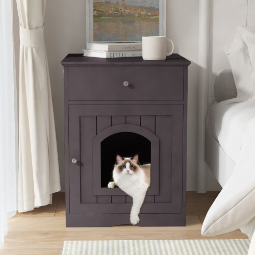 Wooden Cat Litter Box Enclosure with Drawer - Hidden Pet House Side Table