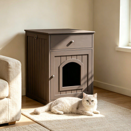 Wooden Cat Litter Box Enclosure with Drawer - Hidden Pet House Side Table