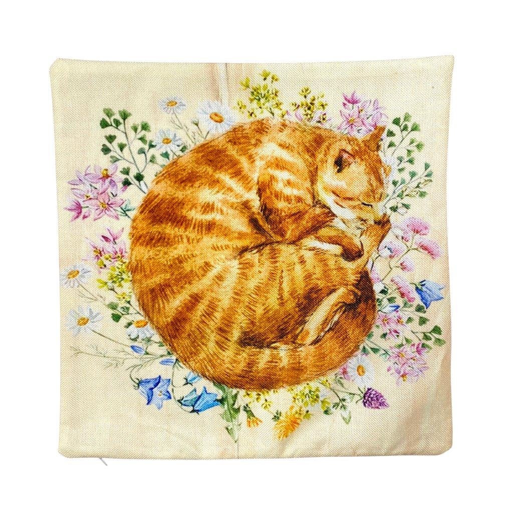 Ginger Cat Pillow – Watercolor Floral Design